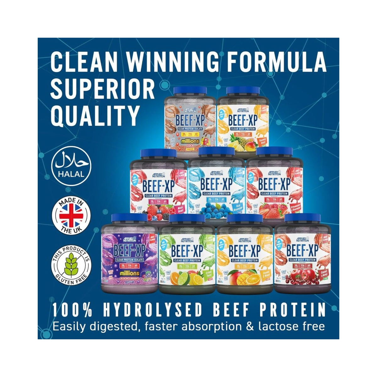 Applied Nutrition Beef XP - Clear Hydrolysed Beef Protein Isolate, Fruit Juice Style, Dairy Free Beef Protein Powder, Lactose Free, Zero Sugar, Low Fat, 1.8kg - 60 Servings