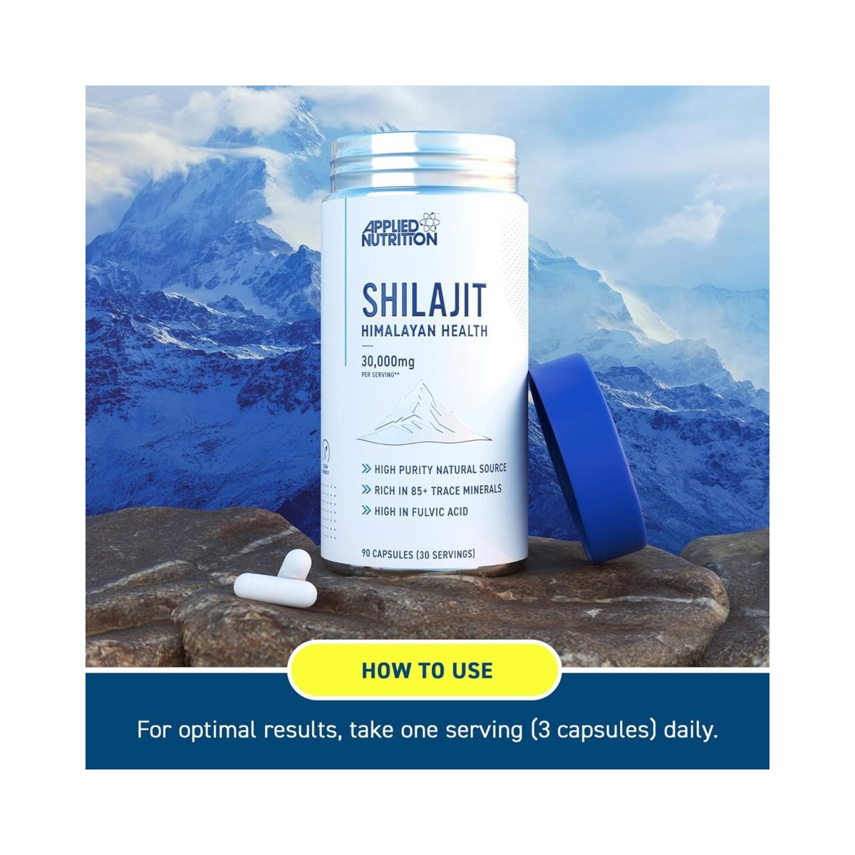 Applied Nutrition Shilajit Capsules 30,000mg – Pure Himalayan Shilajit Supplement 85+ Minerals for Energy + Immunity - High Strength Antioxidant - 90 Capsules (30 Servings)