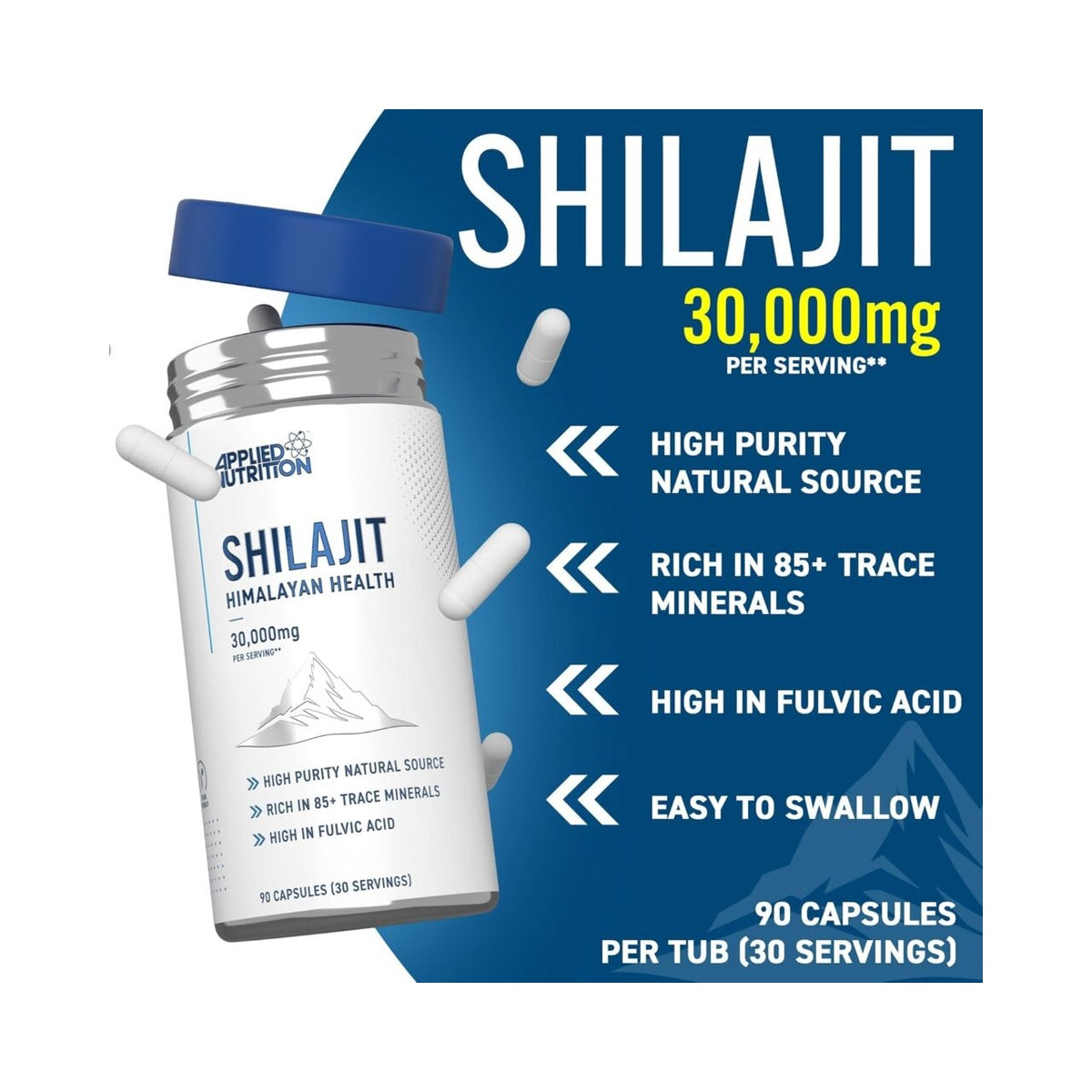 Applied Nutrition Shilajit Capsules 30,000mg – Pure Himalayan Shilajit Supplement 85+ Minerals for Energy + Immunity - High Strength Antioxidant - 90 Capsules (30 Servings)