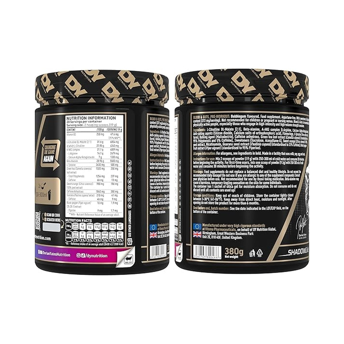 DY Nutrition - Blood and Guts Pre Workout Powder, 380g - High Strength Preworkout with 350mg Caffeine, Citrulline Malate, Beta Alanine, Arginine AKG, L-Tyrosine, Vitamin B3 for Men & Women