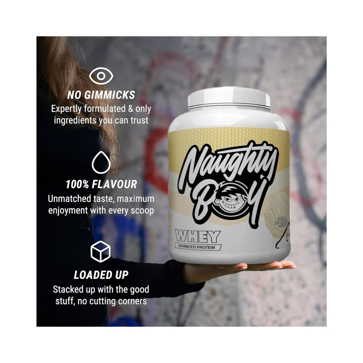 Naughty Boy Advanced 100% Whey Protein Powder.