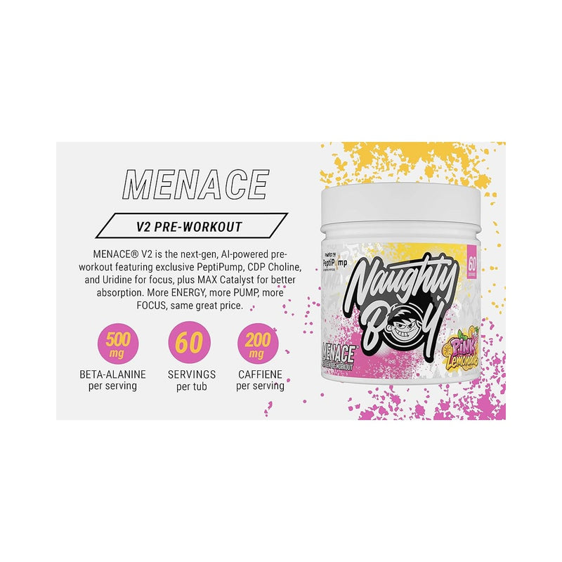 Naughty Boy Menace V2 Pre Workout - AI Powered Pre Workout Powder for Men & Women | Best Pre-Workout Energy Drink Supplements | Peptipump, Citrulline, Beta Alanine | 60 Servings
