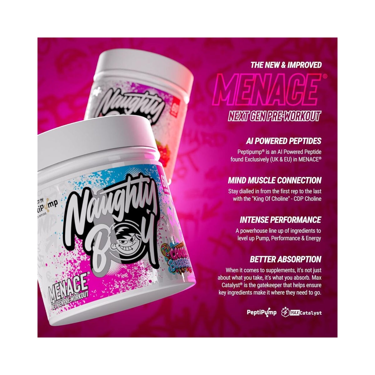Naughty Boy Menace V2 Pre Workout - AI Powered Pre Workout Powder for Men & Women | Best Pre-Workout Energy Drink Supplements | Peptipump, Citrulline, Beta Alanine | 60 Servings